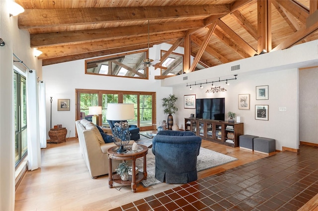 6501 NW 16th Pl, Gainesville, FL 32605 - living room with a ceiling fan, a wooden ceiling with exposed beams, and high vaulted ceiling
