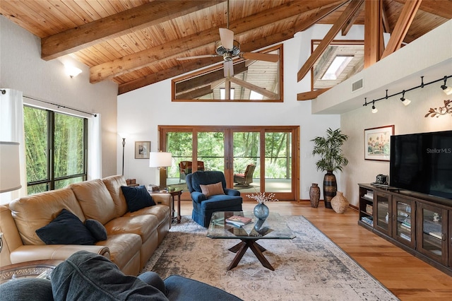 6501 NW 16th Pl, Gainesville, FL 32605 - living area featuring a wooden ceiling with exposed beams, a ceiling fan, high vaulted ceiling, wood finished floors, and rail lighting