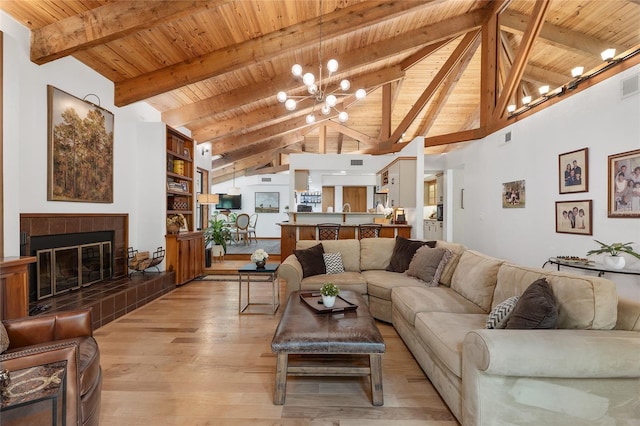 6501 NW 16th Pl, Gainesville, FL 32605 - living room featuring a wooden ceiling with exposed beams, light wood-style floors, a chandelier, a fireplace, and high vaulted ceiling