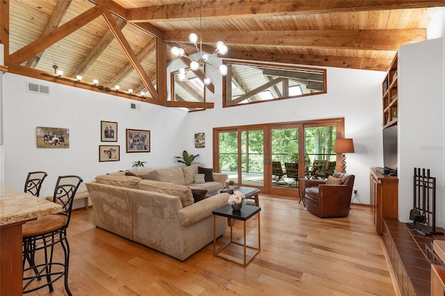 6501 NW 16th Pl, Gainesville, FL 32605 - living area featuring a wooden ceiling with exposed beams, light wood-style flooring, high vaulted ceiling, and a chandelier