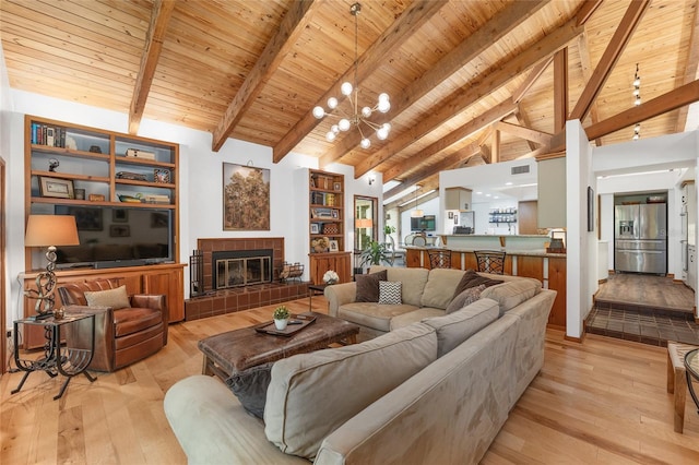 6501 NW 16th Pl, Gainesville, FL 32605 - living room featuring a wood ceiling with exposed beams, light wood-type flooring, a fireplace, and high vaulted ceiling