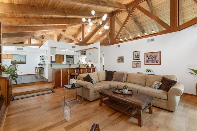 6501 NW 16th Pl, Gainesville, FL 32605 - living area with a wooden ceiling with exposed beams, light wood finished floors, a chandelier, and high vaulted ceiling