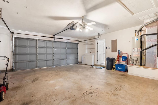 3846 NW 62nd Pl, Gainesville, FL 32653 - garage with electric panel, water heater, washing machine and dryer, a garage door opener, and a ceiling fan