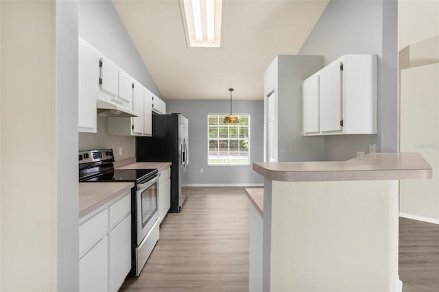 3846 NW 62nd Pl, Gainesville, FL 32653 - kitchen featuring stainless steel appliances, under cabinet range hood, lofted ceiling, light wood finished floors, and white cabinets
