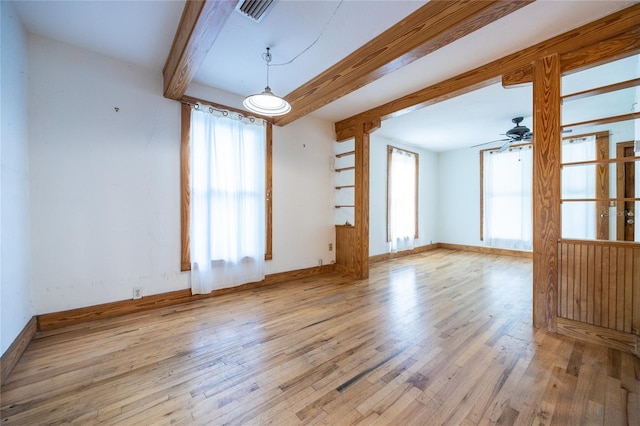 407 NW 8th St, Gainesville, FL 32601 - empty room featuring beamed ceiling, wood finished floors, and a ceiling fan