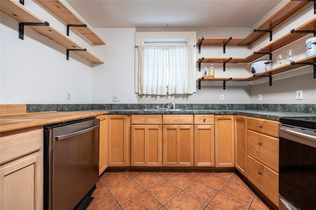 407 NW 8th St, Gainesville, FL 32601 - kitchen with stainless steel dishwasher, electric range, open shelves, light tile patterned floors, and dark countertops