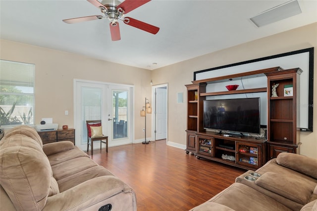 7547 SW 87th Ter, Gainesville, FL 32608 - living area featuring wood finished floors, french doors, and ceiling fan