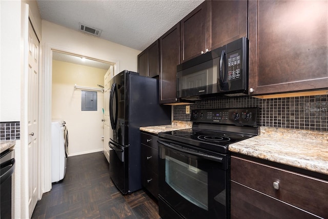 3705 SW 27th St Unit 525, Gainesville, FL 32608 - kitchen featuring black appliances, washer and clothes dryer, electric panel, dark brown cabinetry, and a textured ceiling
