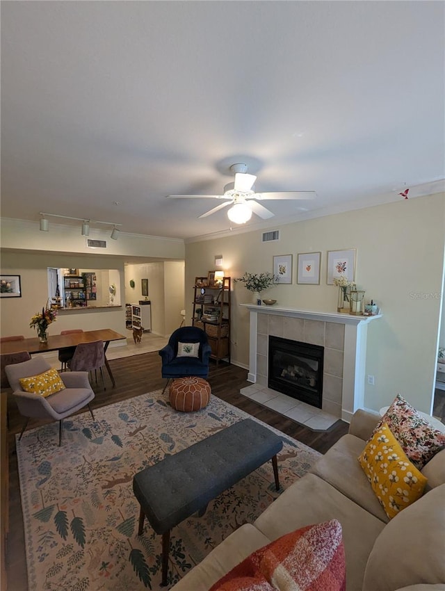 5133 SW 91st Ct Unit G202, Gainesville, FL 32608 - living area with wood finished floors, ceiling fan, and a fireplace