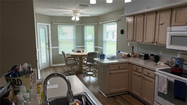 32932 Crooked Oaks Ln, Leesburg, FL 34748 - kitchen with white appliances, a peninsula, dark wood finished floors, light countertops, and a textured ceiling