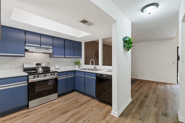 303 SW 54th Dr, Gainesville, FL 32607 - kitchen featuring stainless steel electric range oven, blue cabinets, black dishwasher, under cabinet range hood, and light countertops