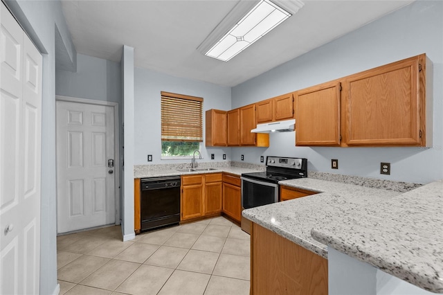 4415 SW 34th St Unit 107, Gainesville, FL 32608 - kitchen with black dishwasher, under cabinet range hood, stainless steel range with electric cooktop, and light tile patterned floors