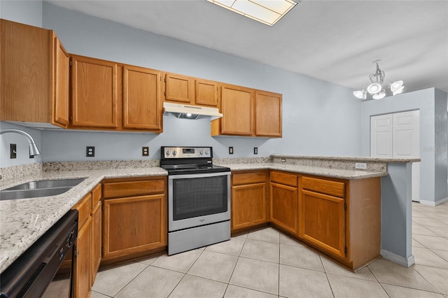 4415 SW 34th St Unit 107, Gainesville, FL 32608 - kitchen with stainless steel range with electric stovetop, under cabinet range hood, black dishwasher, a peninsula, and light tile patterned floors