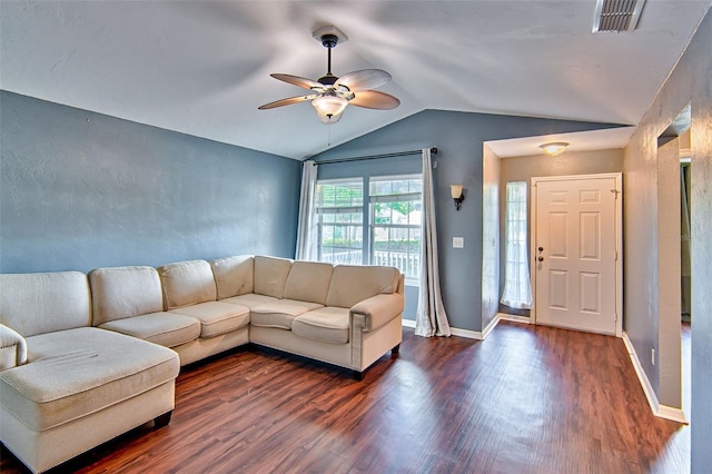 3701 NW 26th St, Gainesville, FL 32605 - living area with dark wood-type flooring, ceiling fan, and lofted ceiling