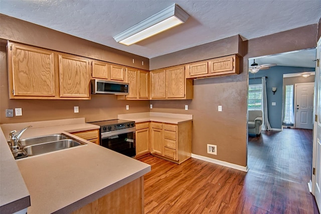 3701 NW 26th St, Gainesville, FL 32605 - kitchen with appliances with stainless steel finishes, wood finished floors, light brown cabinetry, ceiling fan, and light countertops