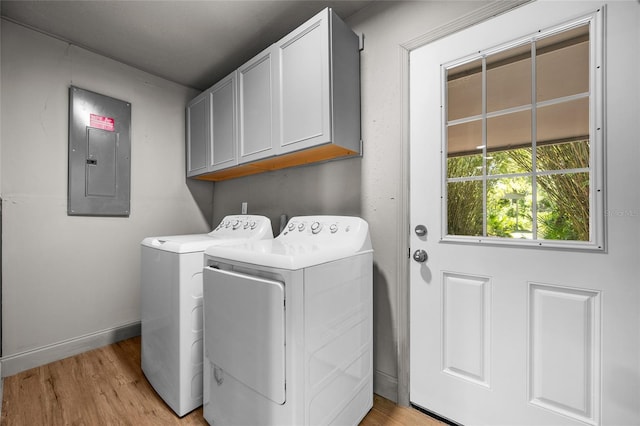 4923 SW Ichetucknee Ave, Fort White, FL 32038 - laundry area featuring electric panel, cabinet space, washer and clothes dryer, and light wood finished floors