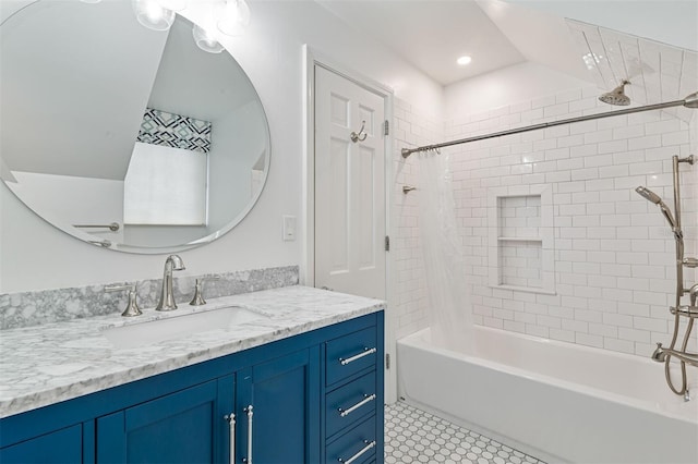 2506 SW 9th Dr, Gainesville, FL 32601 - full bath featuring vanity, shower / tub combo with curtain, tile patterned flooring, and recessed lighting
