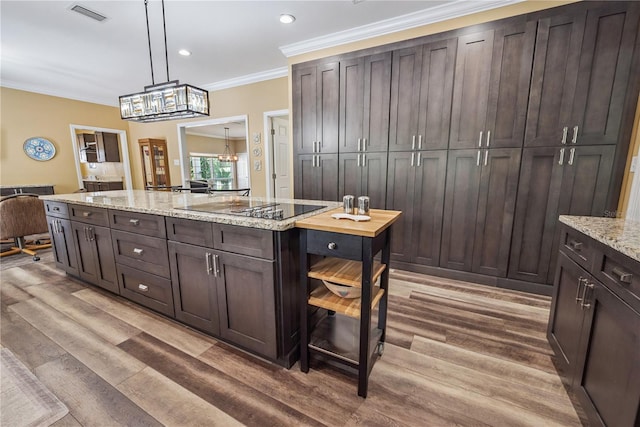 174 SW Dalmation Ln, Lake City, FL 32024 - kitchen featuring black electric stovetop, a chandelier, crown molding, light wood-style floors, and dark brown cabinetry