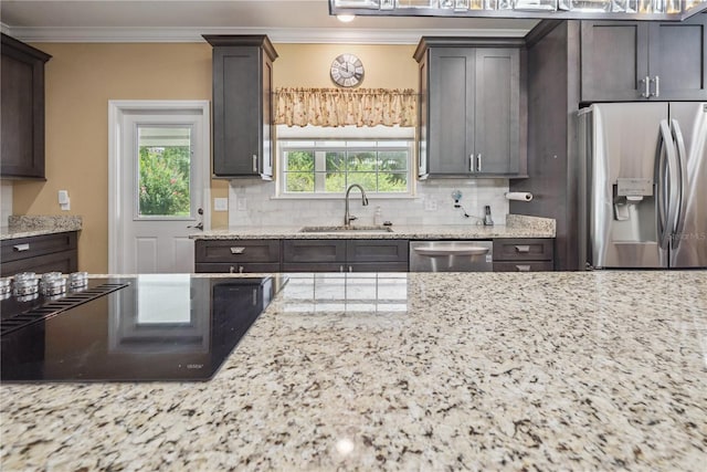 174 SW Dalmation Ln, Lake City, FL 32024 - kitchen featuring stainless steel appliances, light stone countertops, tasteful backsplash, ornamental molding, and dark brown cabinets