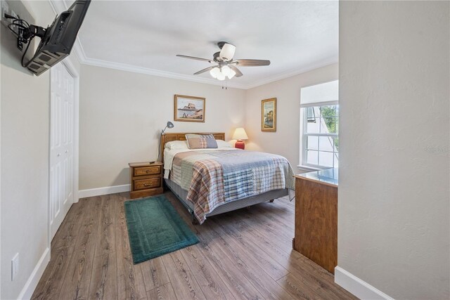 174 SW Dalmation Ln, Lake City, FL 32024 - bedroom with wood finished floors, crown molding, a ceiling fan, and a closet