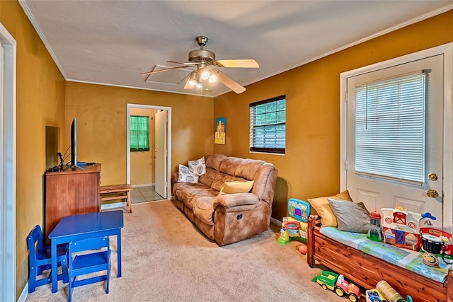 2510 NW 50th Pl, Gainesville, FL 32605 - living area with a ceiling fan, crown molding, and carpet flooring
