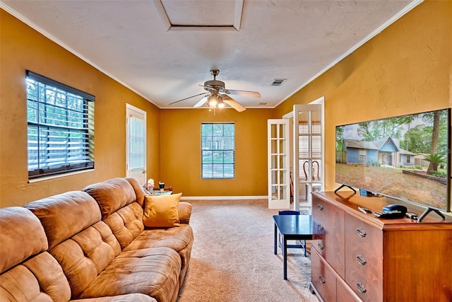 2510 NW 50th Pl, Gainesville, FL 32605 - living area with carpet floors, ornamental molding, a ceiling fan, and attic access