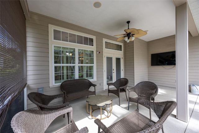 3737 SW 74th Dr, Gainesville, FL 32608 - view of patio featuring ceiling fan and french doors