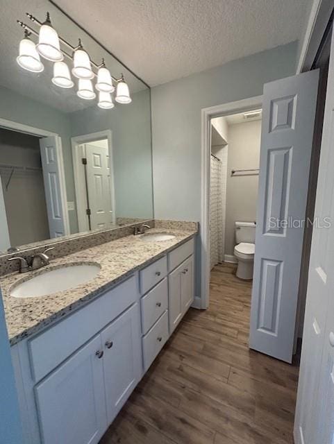 3372 Penny Ln, Middleburg, FL 32068 - full bath featuring wood finished floors, double vanity, a textured ceiling, and a shower with curtain