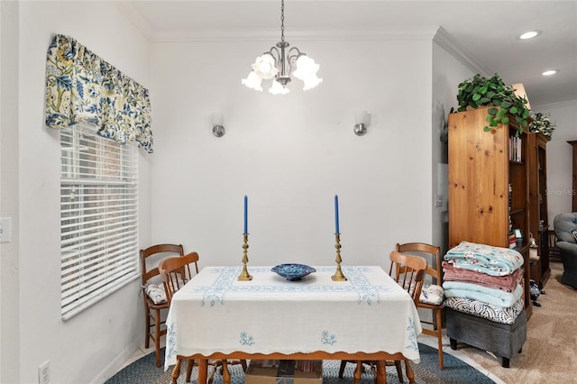 4814 NW 75th Rd, Gainesville, FL 32653 - carpeted dining space with crown molding, a chandelier, and recessed lighting