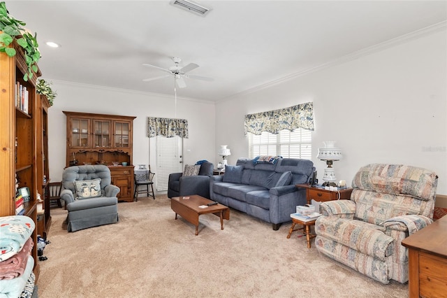 4814 NW 75th Rd, Gainesville, FL 32653 - living area with light colored carpet, ornamental molding, and ceiling fan