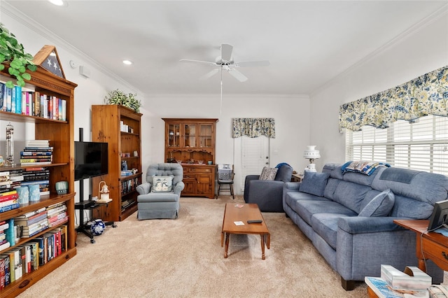 4814 NW 75th Rd, Gainesville, FL 32653 - carpeted living room with ceiling fan and crown molding