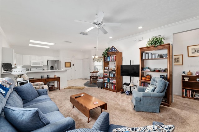 4814 NW 75th Rd, Gainesville, FL 32653 - living area featuring light colored carpet, ceiling fan, ornamental molding, and recessed lighting