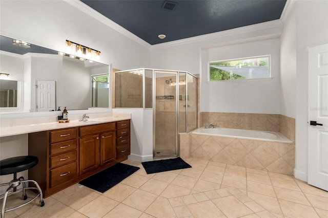 6326 SW 90th St, Gainesville, FL 32608 - bathroom featuring tile patterned floors, vanity, crown molding, a garden tub, and a shower stall