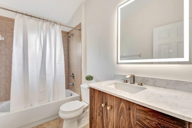 6364 Golden Eye Gln, Lakewood Ranch, FL 34202 - bathroom with shower / bath combination with curtain, vanity, lofted ceiling, and tile patterned floors