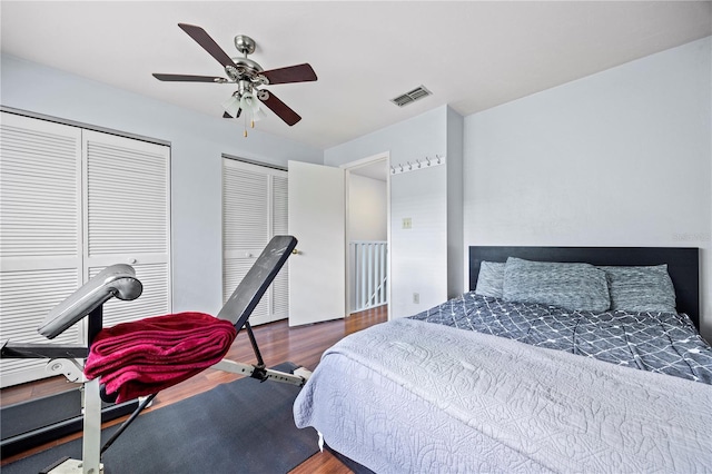 1452 SW 25th Pl Unit D4, Gainesville, FL 32608 - bedroom with multiple closets, wood finished floors, and ceiling fan