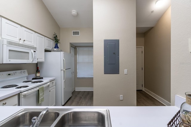 9177 SW 52nd Rd Unit E302, Gainesville, FL 32608 - kitchen with white appliances, electric panel, dark wood-style floors, and white cabinets