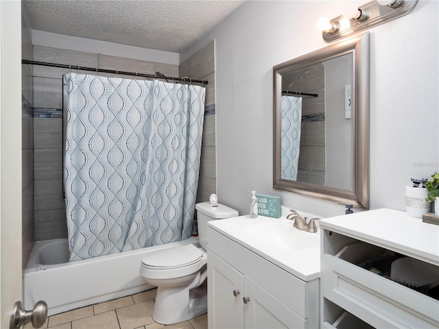 2826 NE 18th Ct, Ocala, FL 34470 - bathroom featuring vanity, a textured ceiling, shower / bathtub combination with curtain, and tile patterned flooring