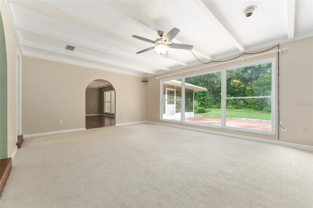 4700 NW 19th Pl, Gainesville, FL 32605 - carpeted empty room with beam ceiling, a ceiling fan, and arched walkways