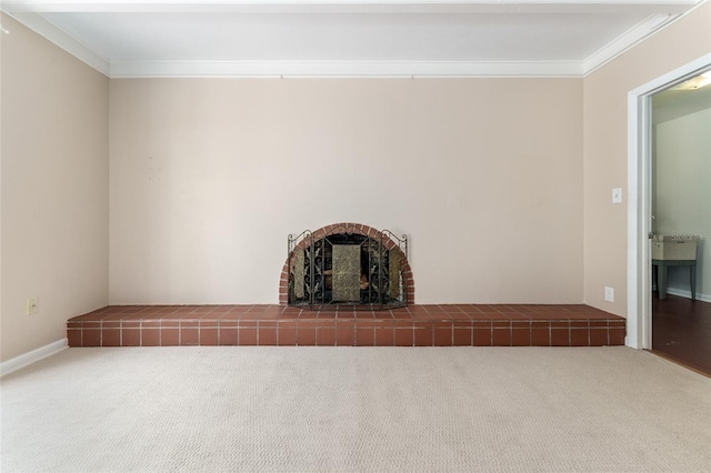 4700 NW 19th Pl, Gainesville, FL 32605 - unfurnished living room featuring carpet flooring, crown molding, and a fireplace
