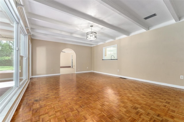 4700 NW 19th Pl, Gainesville, FL 32605 - spare room featuring arched walkways, beamed ceiling, and a chandelier