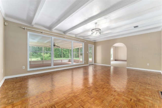 4700 NW 19th Pl, Gainesville, FL 32605 - unfurnished room with beamed ceiling, a chandelier, and arched walkways