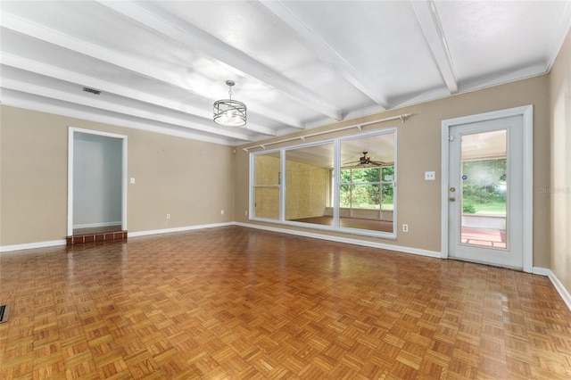 4700 NW 19th Pl, Gainesville, FL 32605 - empty room with beam ceiling, ceiling fan, and a chandelier