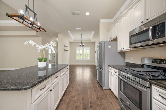 6316 SW 50th St, Gainesville, FL 32608 - kitchen with stainless steel appliances, dark wood finished floors, white cabinets, a kitchen island, and a tray ceiling