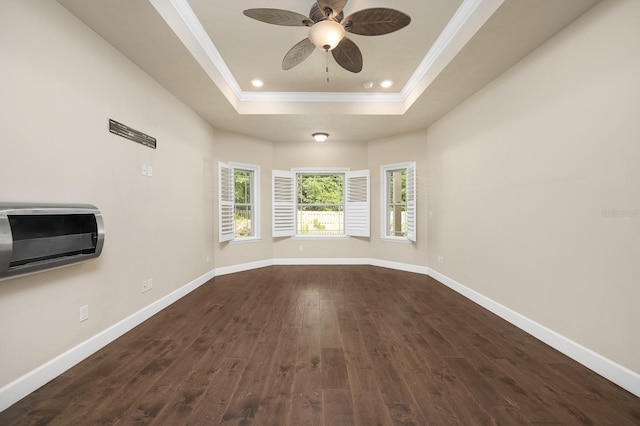 6316 SW 50th St, Gainesville, FL 32608 - unfurnished room featuring a raised ceiling, ornamental molding, dark wood-type flooring, a ceiling fan, and recessed lighting
