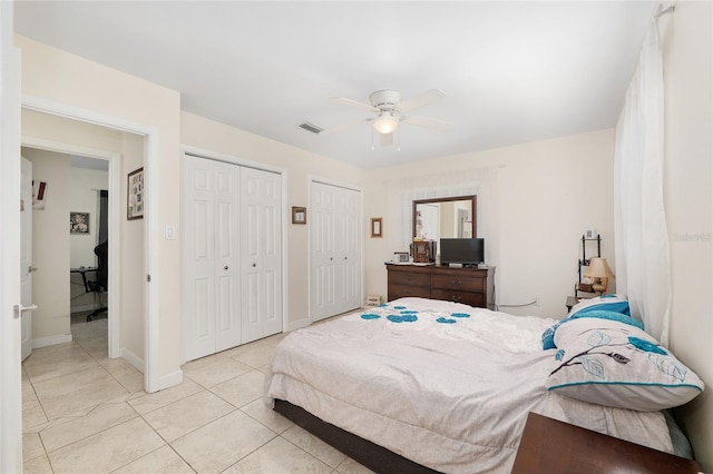 3331 NW 30th Ave, Gainesville, FL 32605 - bedroom with multiple closets, light tile patterned flooring, and a ceiling fan