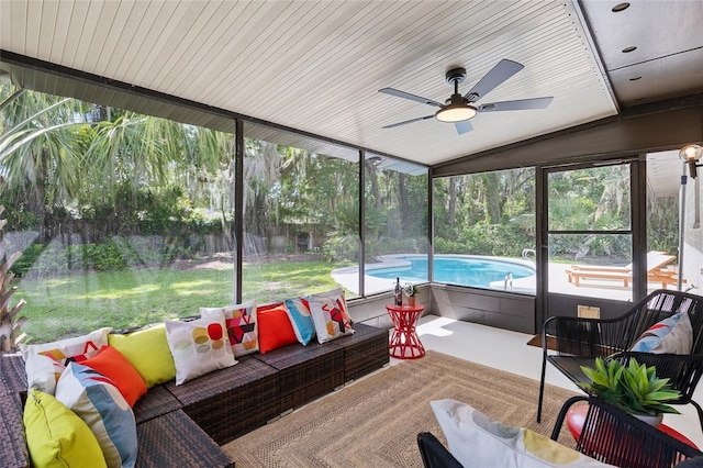 2330 NW 54th Ter, Gainesville, FL 32606 - sunroom / solarium with an outdoor living space, a ceiling fan, and vaulted ceiling