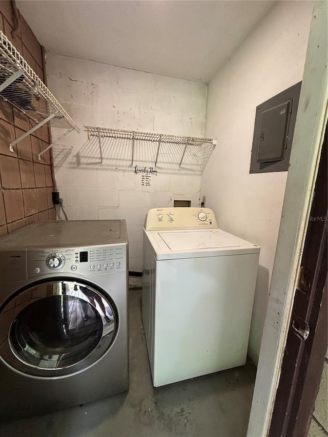 4224 SW 70th Ter Unit A, Gainesville, FL 32608 - laundry room featuring washing machine and dryer, electric panel, and concrete block wall
