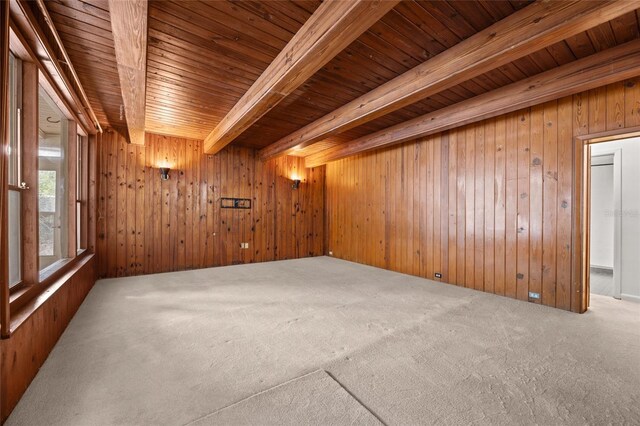 2225 NE 6th Ter, Gainesville, FL 32609 - spare room featuring carpet floors, a wooden ceiling with exposed beams, and wooden walls