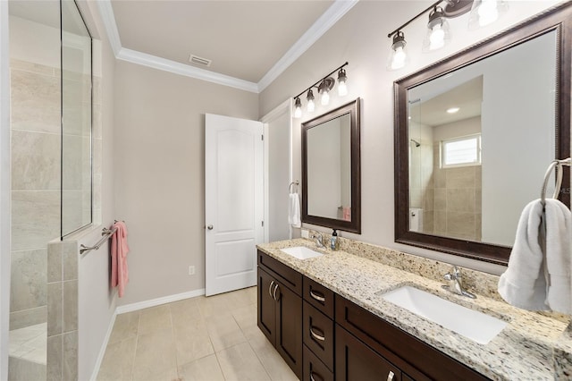 2782 SW 120th Dr, Gainesville, FL 32608 - bathroom featuring double vanity, ornamental molding, a walk in shower, and tile patterned flooring