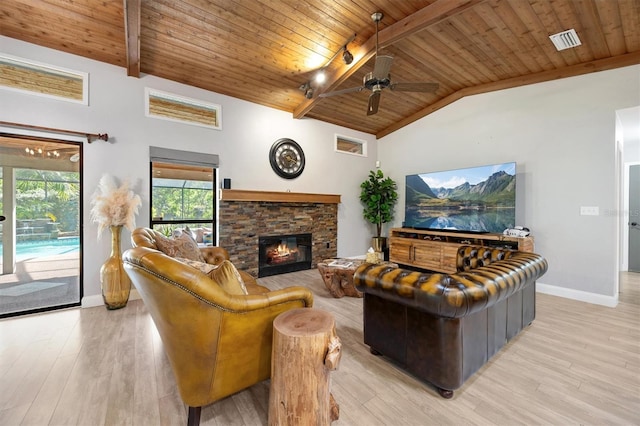8321 SW 23rd Pl, Gainesville, FL 32607 - living area featuring wooden ceiling, light wood-style floors, a stone fireplace, and ceiling fan